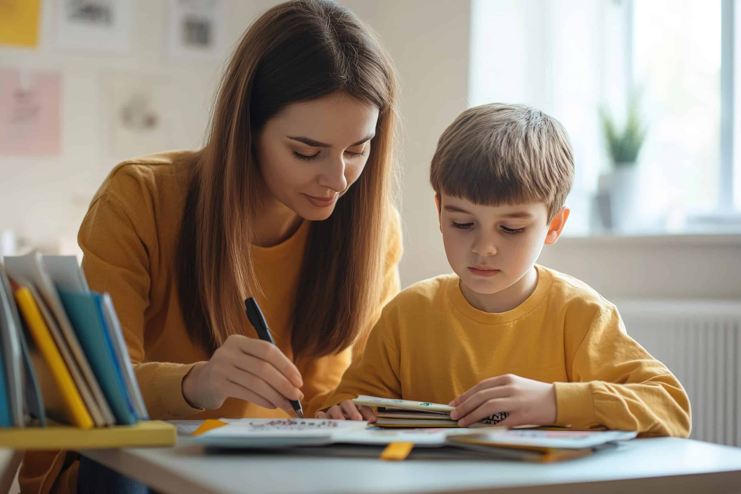 Teacher helping boy with learning difficulty at desk